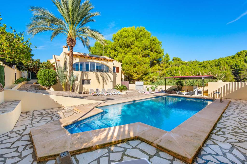 a villa with a swimming pool and a palm tree at Villa Enzo - PlusHolidays in Moraira