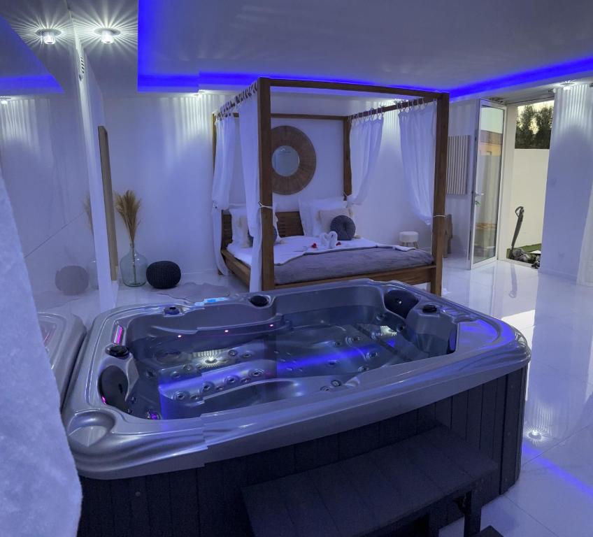 eine große blaue Badewanne in einem Zimmer mit einem Bett in der Unterkunft Chambres des délices in Villetelle