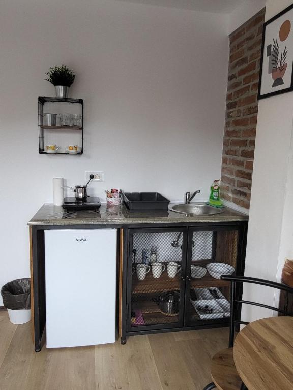 a kitchen with a counter with a sink and a refrigerator at Apartment By the River in Niš