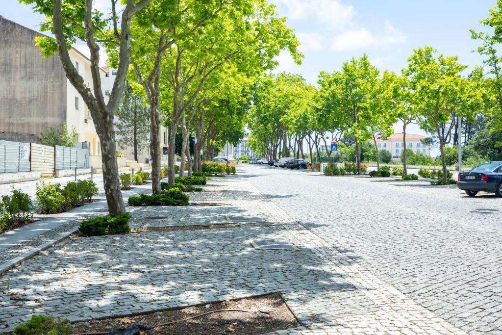 a cobblestone street with trees on either side at Macrisbete 2 in Fátima