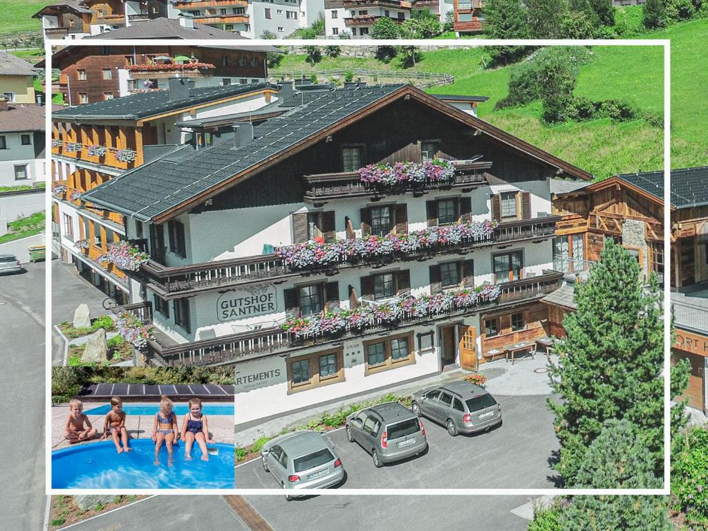 eine Collage mit Fotos eines Gebäudes mit Pool in der Unterkunft Gutshof - Urlaubsresort Hafele in Sankt Jakob in Defereggen