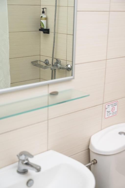 a bathroom with a toilet and a sink and a mirror at Konstantinos Hotel & Apartments 2 in Nydri