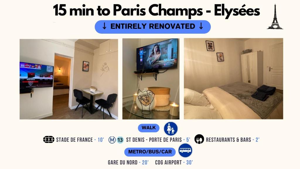 a collage of three pictures of a bedroom with a television at 2 pièces Metro 13 Porte de Paris - Stade de France in Saint-Denis