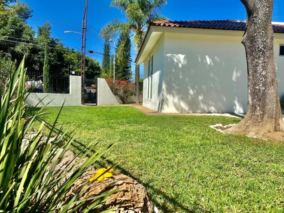 einen Hof mit einem Haus, einem Baum und Gras in der Unterkunft Hermosa Casa con Alberca MC2 - 3 habitaciones max 9 huéspedes in Los Sauces