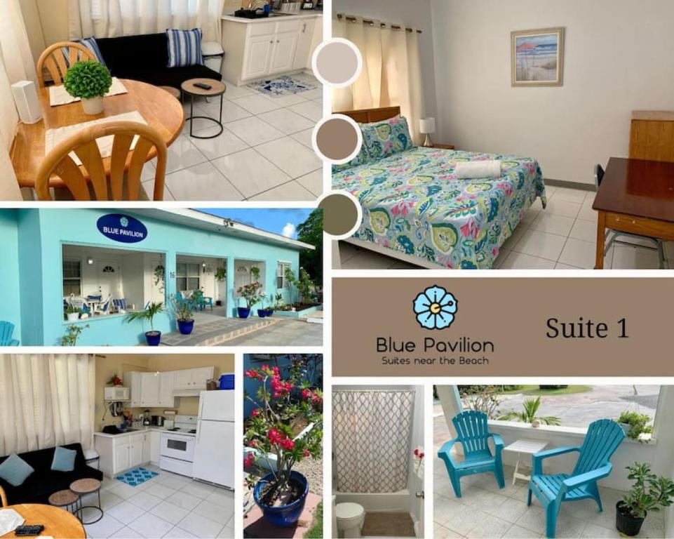 een collage van foto's van een woonkamer en een keuken bij SUITE 1, Blue Pavilion - Beach, Airport Taxi, Concierge, Island Retro Chic in West Bay