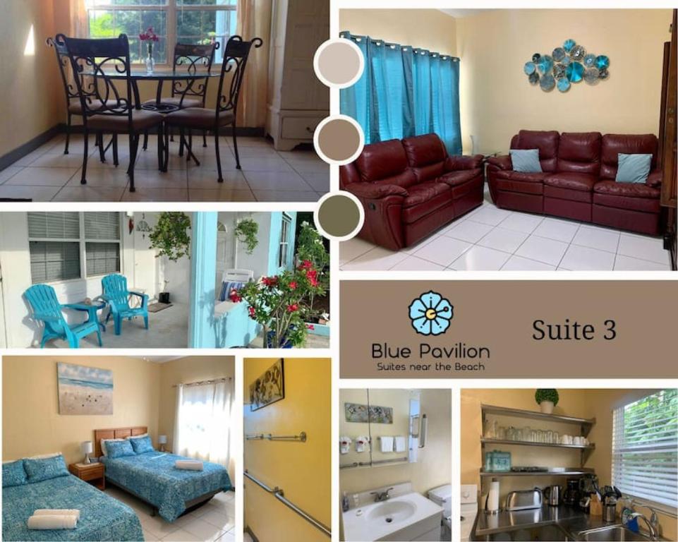 un collage de quatre photos d'un salon dans l'établissement SUITE 3, Blue Pavilion - Beach, Airport Taxi, Concierge, Island Retro Chic, à West Bay