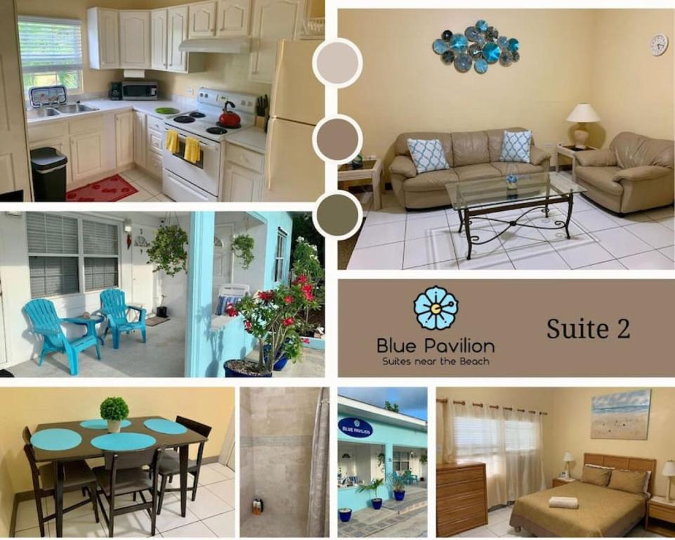 SUITE 2B, Blue Pavilion - Private Executive Bedroom in Shared Suite - Beach, Airport Taxi, Concierge, Island Retro Chic في West Bay: ملصق بصور مطبخ وغرفة معيشة