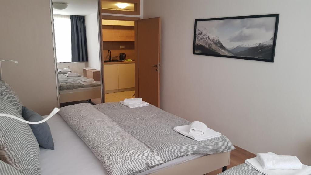 a room with two beds and a mirror at SKI Makov Apartmán 2L in Makov