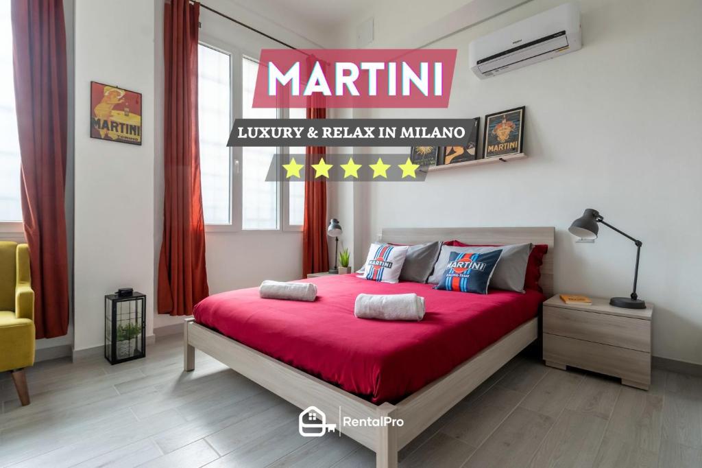 a bedroom with a bed with a martini sign on it at Metro Sesto M1 Martini Relax Loft Wi-Fi & Netflix in Sesto San Giovanni