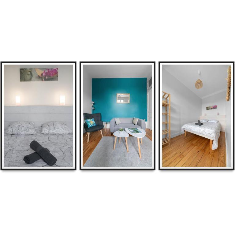 4 photos d'un salon et d'un salon dans l'établissement Le Clem - Appartement centre ville - Idéal Cure et Parcs, à Vichy