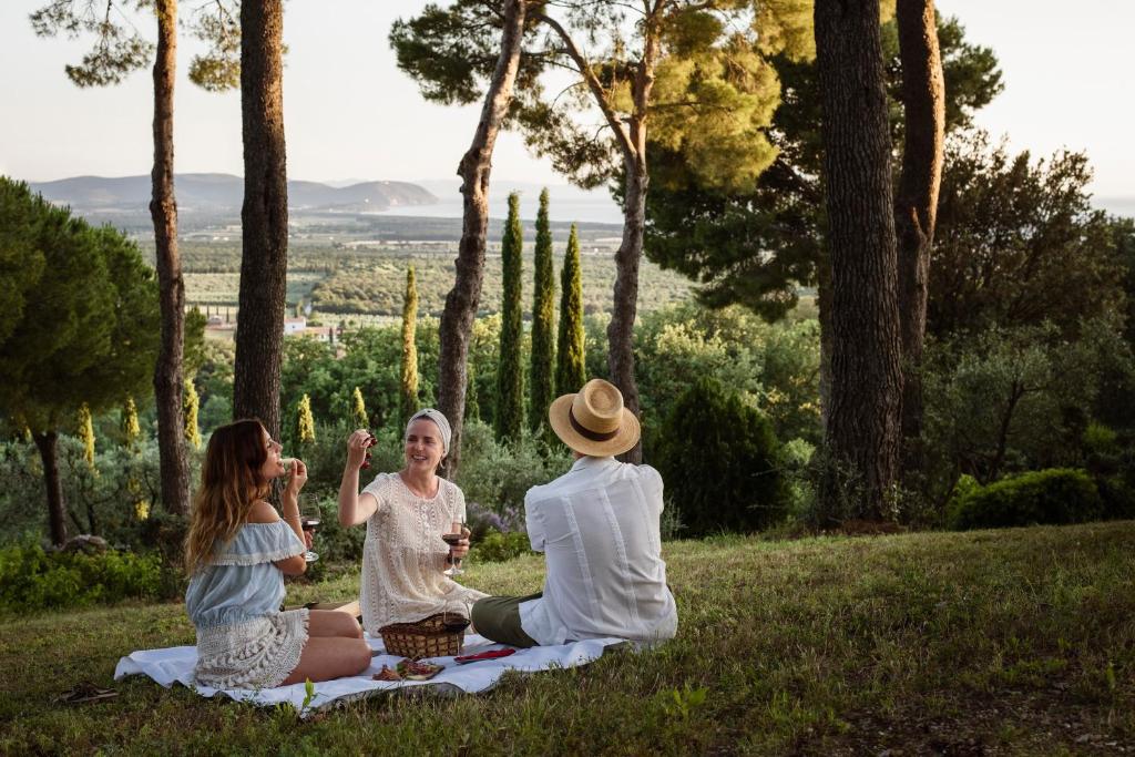 Boutique Hotel - Poggio ai Santi في سان فينتْشينسو: مجموعة من الناس جالسين على بطانية نزهة