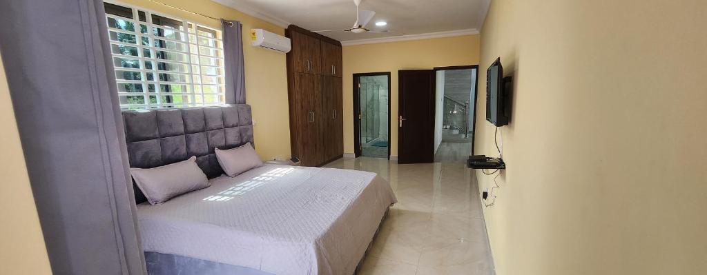 een slaapkamer met een bed, een raam en een televisie bij Jab Duplex X in Adentan