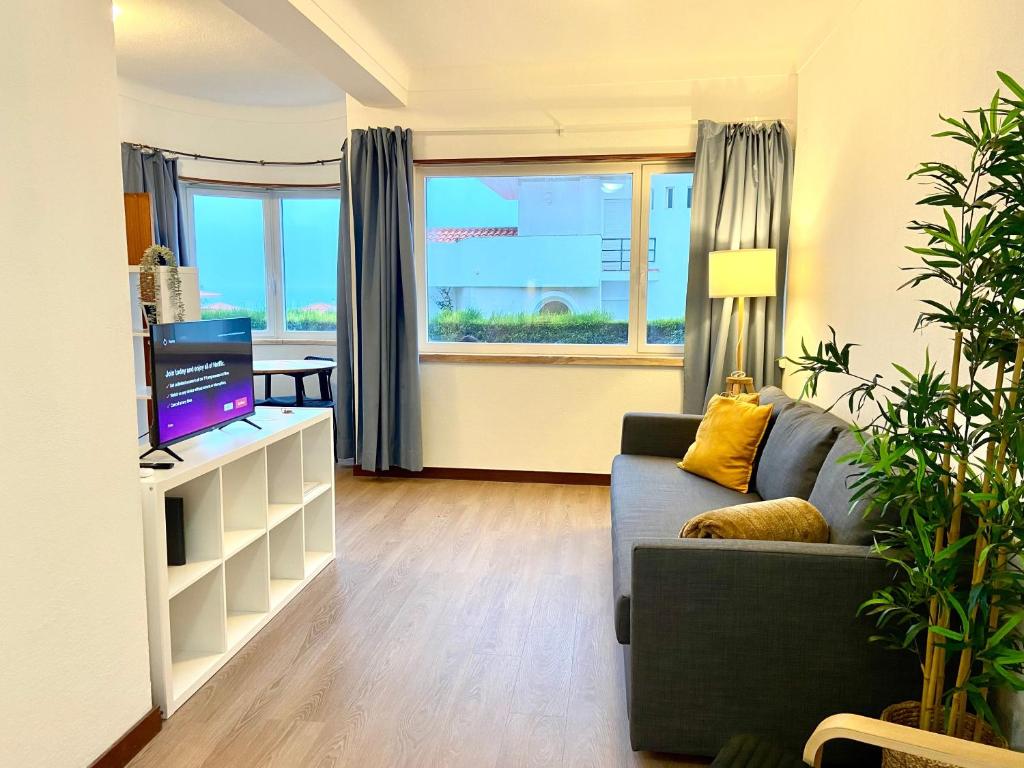 a living room with a couch and a television at Ericeira Panoramic Sea View Apartments in Ericeira