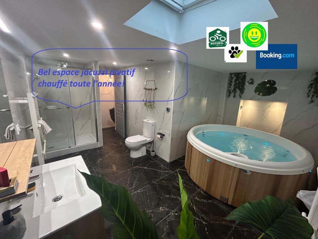 een badkamer met een groot bad en een toilet bij Bel appart stylé avec jacuzzi in Sedan