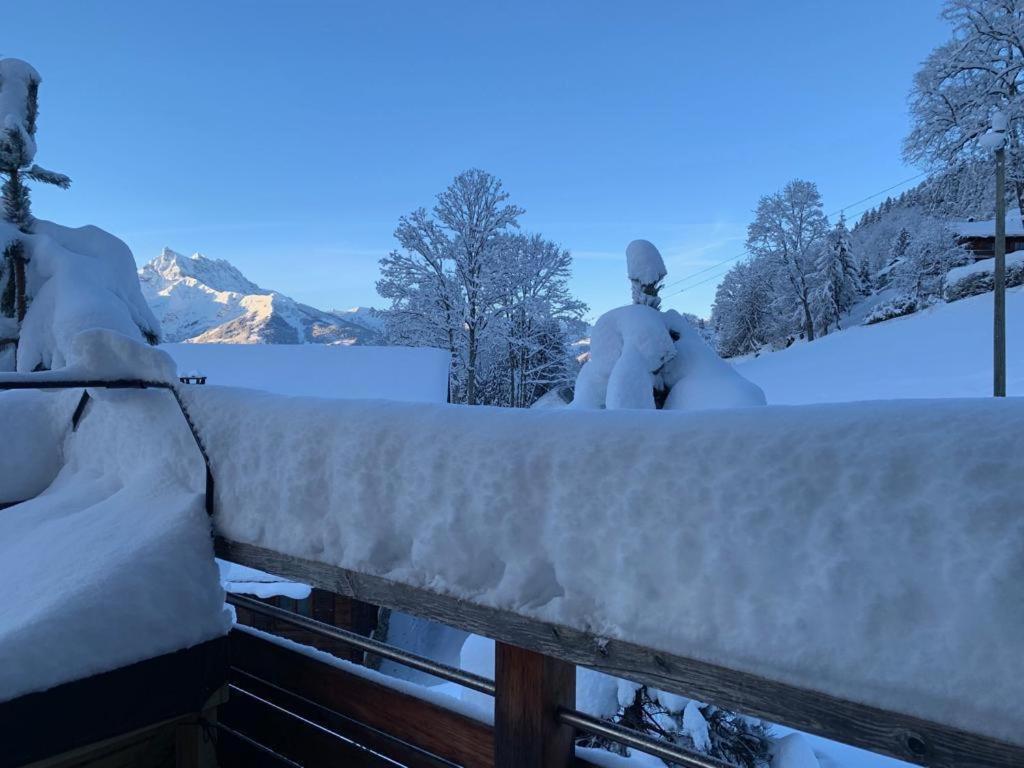 a snow covered fence with a person sitting on top of it at Les hirondelles in Ollon