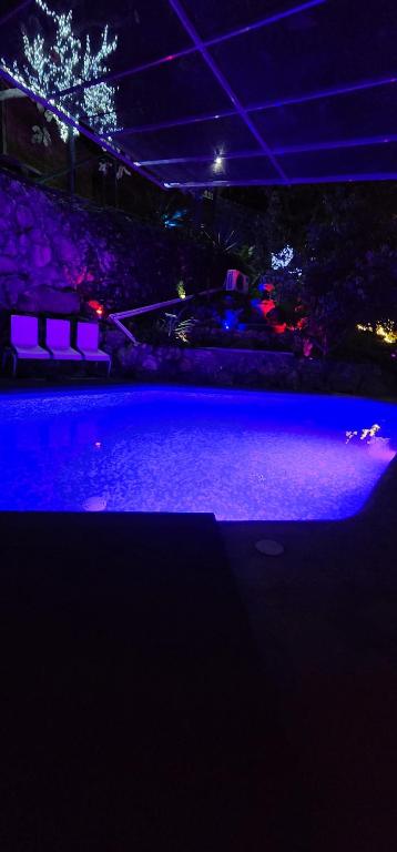 uma vista nocturna para uma piscina com luzes roxas em La ROBLEDA CASA DE CAMPO em Zapopan