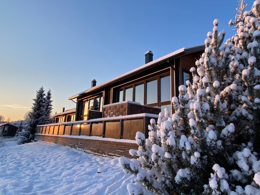 a house in the snow with a tree in the foreground at Aurinkopaikka 3 Himos in Jämsä