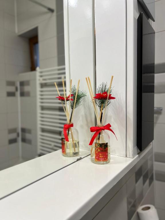 a bathroom counter with two vases with flowers in it at Eden Garden in Braşov