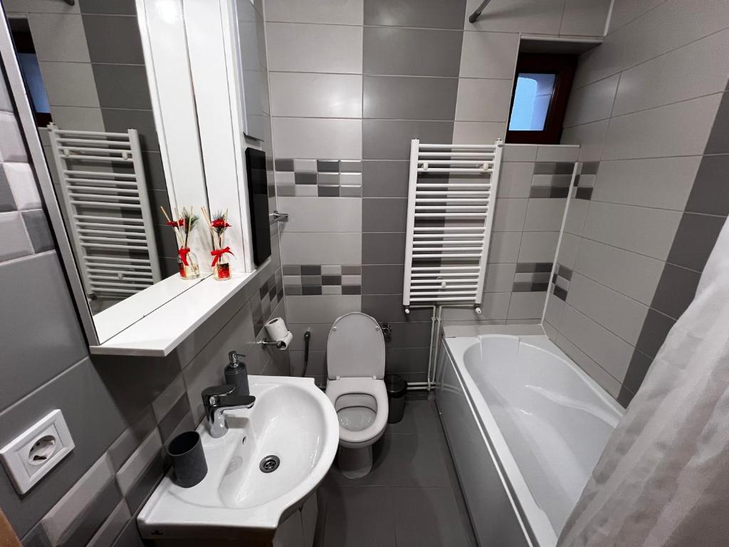 a bathroom with a sink and a toilet and a tub at Eden Garden in Braşov