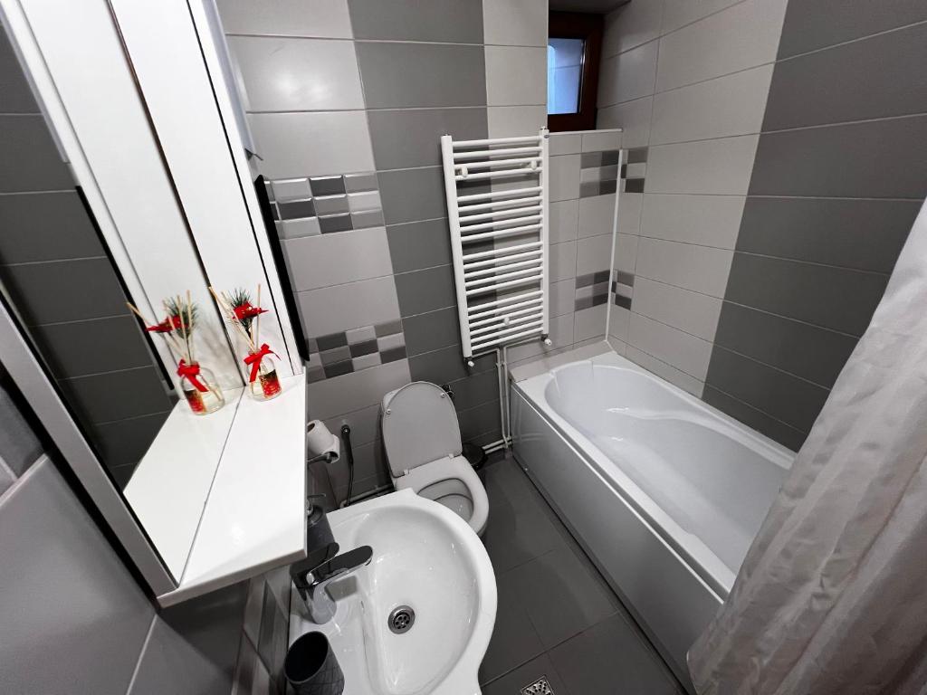 a bathroom with a toilet and a sink and a tub at Eden Garden in Braşov