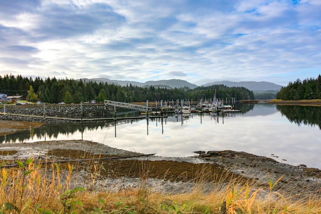 un muelle con barcos en una masa de agua en Forested Coffman Cove Cabin with Wood-Burning Stove!, en Coffman Cove