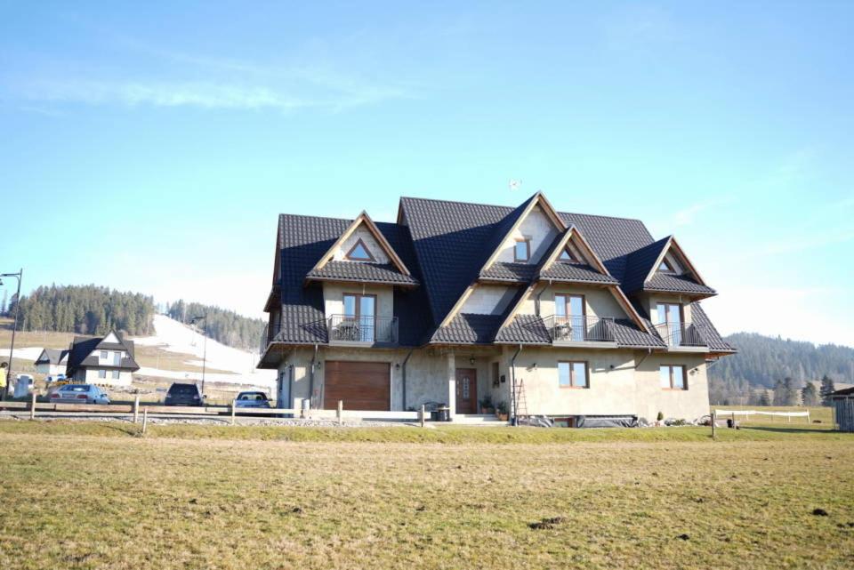 a large house with a black roof on a field at Pokoje Gościnne Bartuś in Czarna Góra