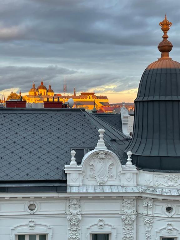a white building with a black roof at Prostě Terezská in Olomouc