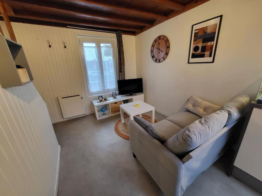 un salon avec un canapé et une horloge au mur dans l'établissement Charmant appartement au cœur du quartier St-Pierre, à Amiens