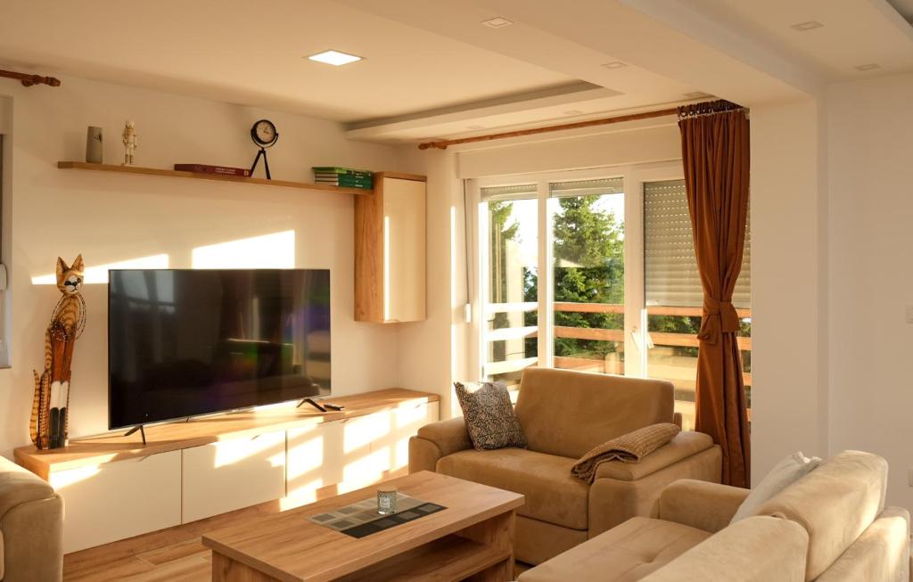 a living room with a large flat screen tv at Vila Kruna Sunčani Breg in Kopaonik