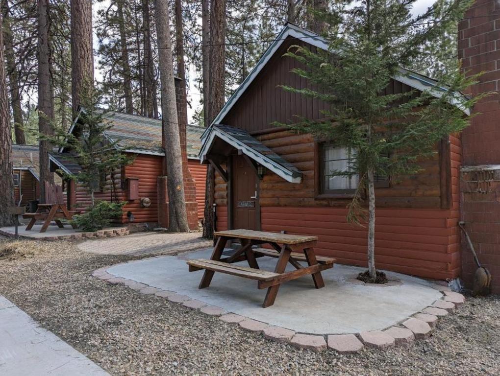 a wooden cabin with a picnic table in front of it at Three Pines Cabins in Big Bear Lake