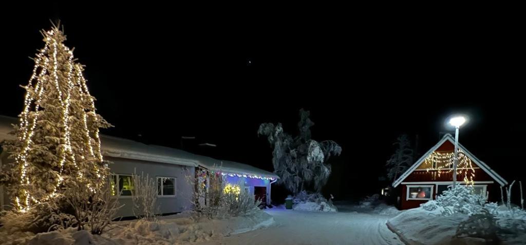 une maison avec un arbre de Noël dans la neige la nuit dans l'établissement Talo-Villa- 3 mh+s - Kittilä - Levi upea keittiö, à Kittilä