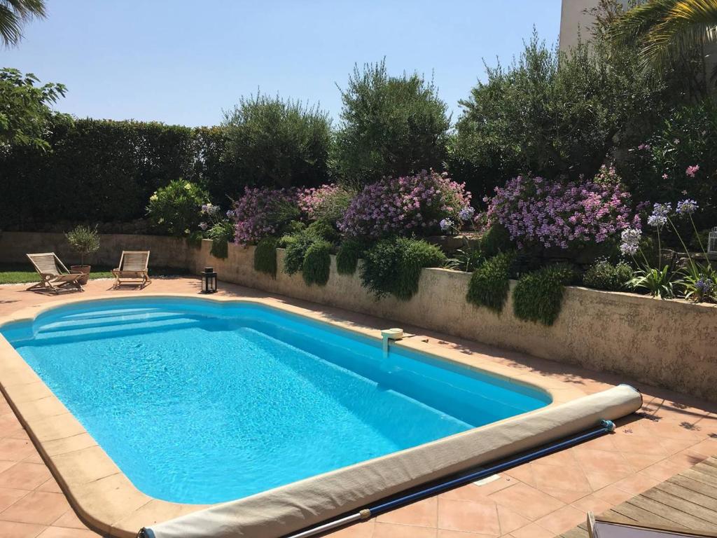 una piscina en un jardín con flores púrpuras en Villa Sainte-Maxime, 4 pièces, 6 personnes - FR-1-768-40, en Sainte-Maxime