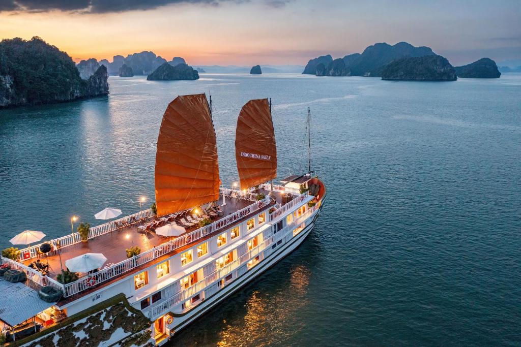 an aerial view of a cruise ship in the water at Indochina Sails Ha Long Bay Powered by ASTON in Ha Long