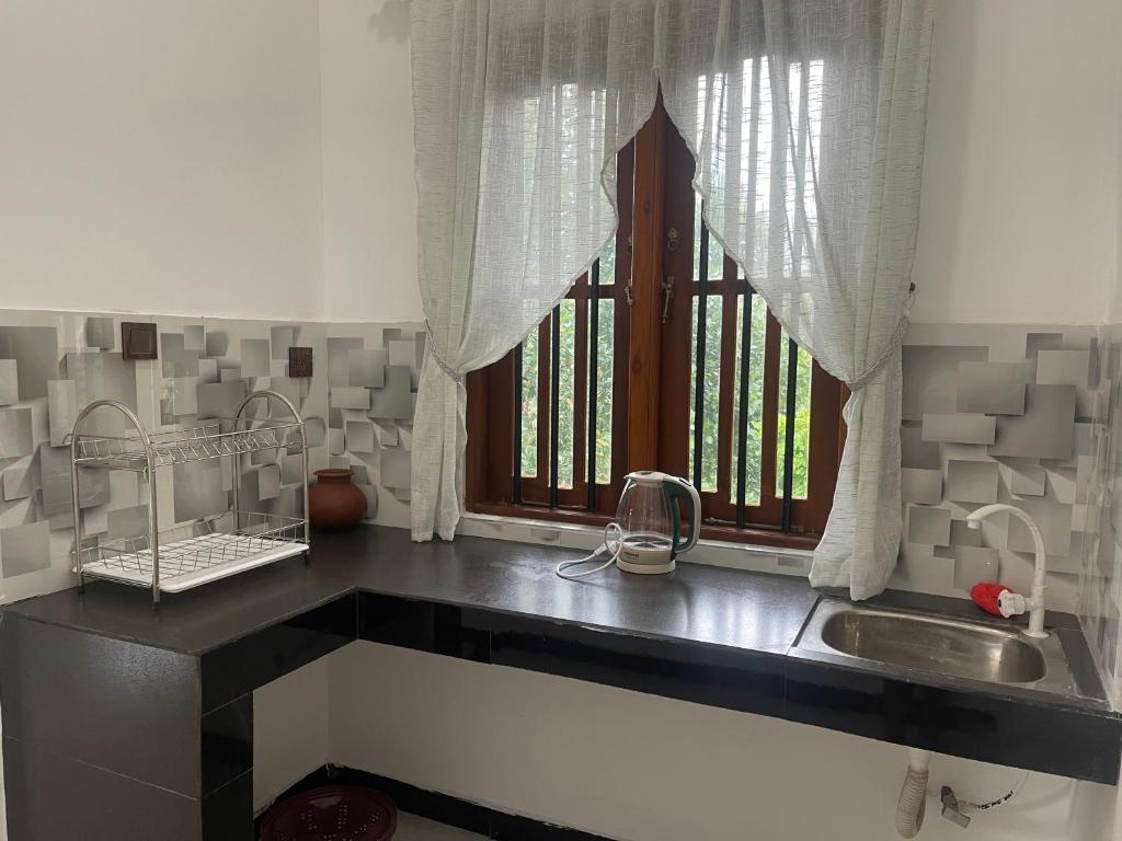 um balcão de cozinha com uma janela e um lavatório em Akeinya villa em Galle
