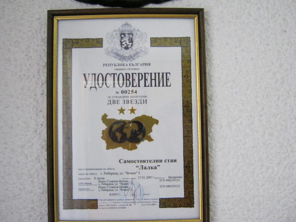 Certifikát, hodnocení, plakát nebo jiný dokument vystavený v ubytování Villa Lalka