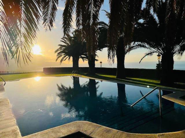 una piscina con palmeras y puesta de sol en Villa en una isla con piscina privada!, en La Matanza de Acentejo