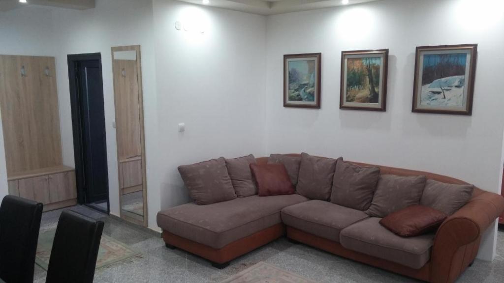ein Wohnzimmer mit einem braunen Sofa an einer weißen Wand in der Unterkunft Green Peace Apartman 1 in Kragujevac