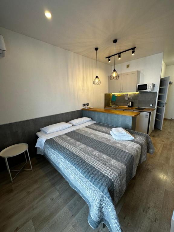 1 dormitorio con 1 cama grande y cocina en Panorama 44, en Odessa