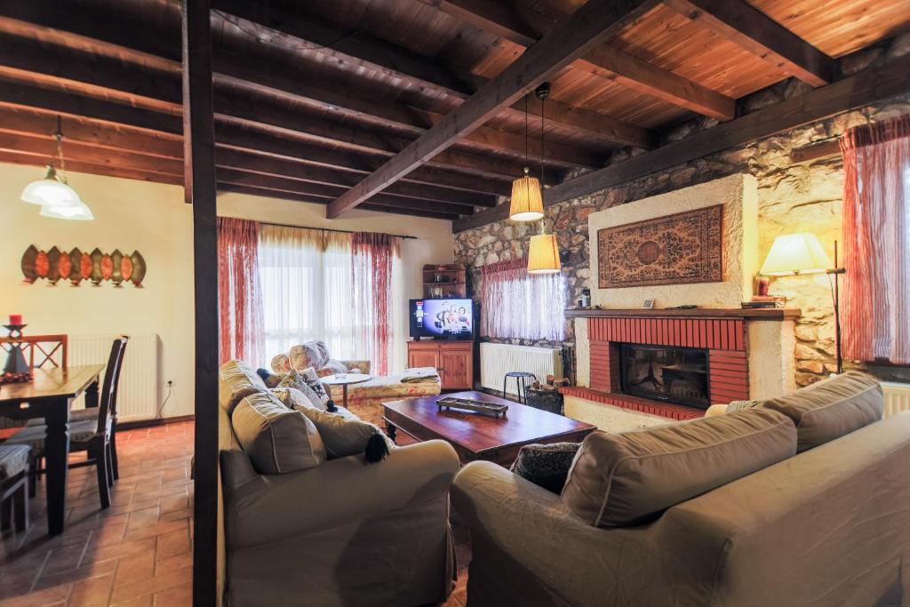 a living room with a couch and a fireplace at Zeusplace Pierion Villa Elatochori in Elatochori