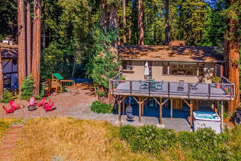 an aerial view of a house in the woods at The Redwood Sanctuary in Monte Rio