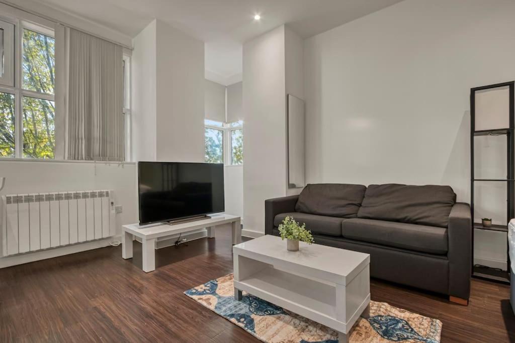 a living room with a couch and a tv at Cosy & Modern Studio in London