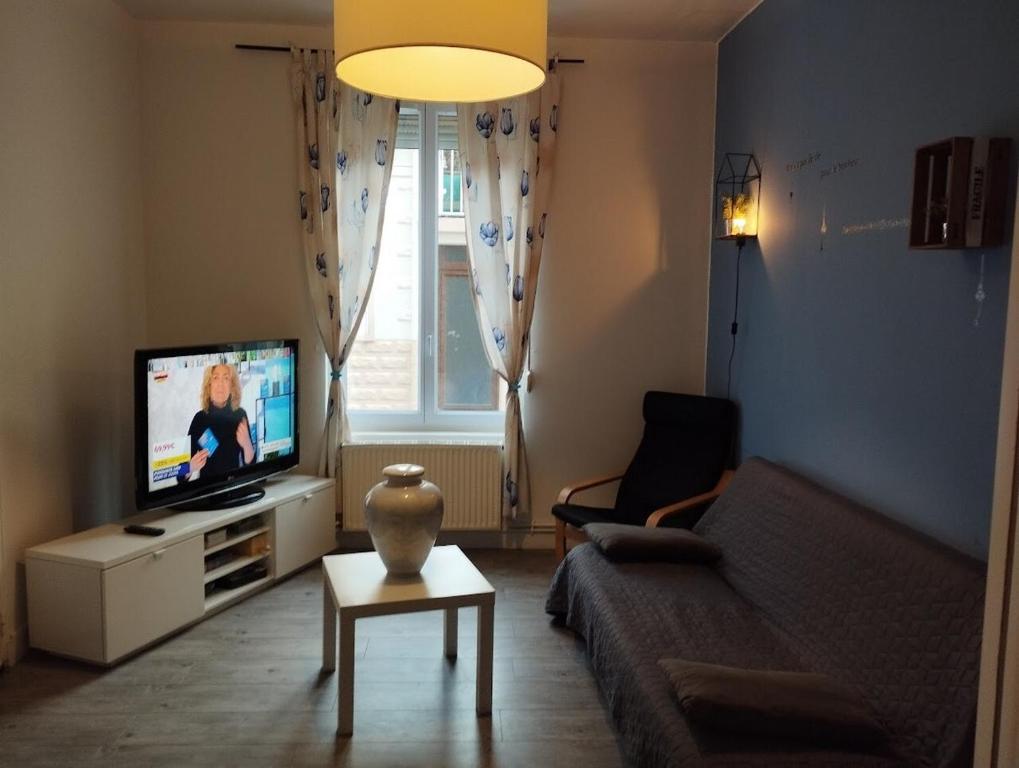 a living room with a couch and a tv at Le Grèbe in Le Tréport