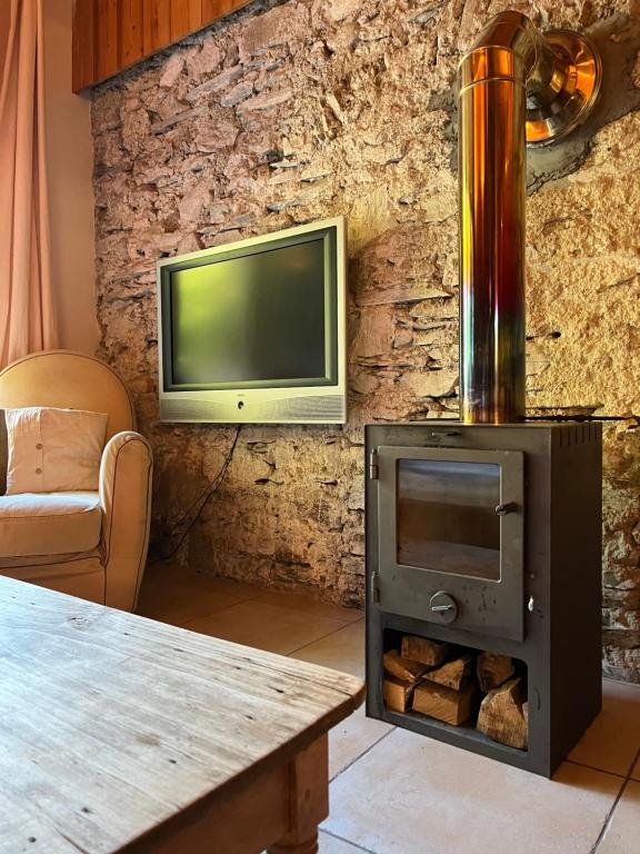 a living room with a stove and a tv at Apartment Les Rousses 3 minutes from Alpe dHuez Grand Domaine via Oz en Oisans in Oz