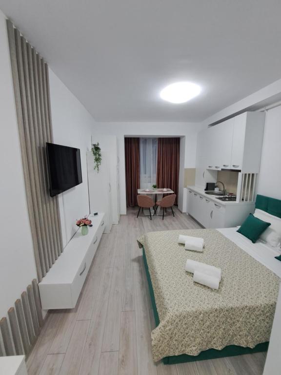 a living room with two beds and a television at Anne Studio in Onești