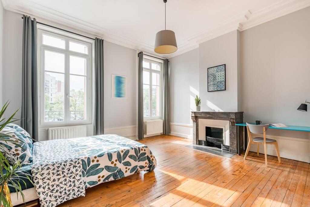 ein Wohnzimmer mit einem Bett und einem Kamin in der Unterkunft Harmonie 3 Chambres - spacieux in Saint-Étienne