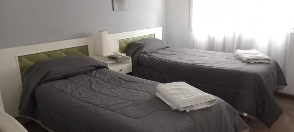 1 dormitorio con 2 camas y mesita de noche en Hotel Iberia en Neuquén