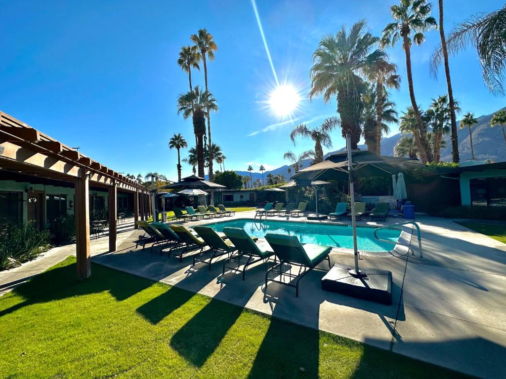 una piscina con sillas, sombrillas y palmeras en Vista Grande Resort - A Gay Men's Resort, en Palm Springs