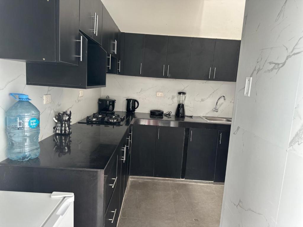 a kitchen with black cabinets and a bottle of water on the counter at la casa del encanto in Tarapoto