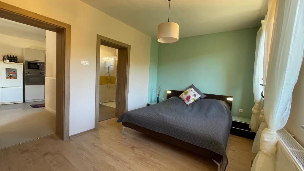een slaapkamer met een bed en een hal met een keuken bij Buongiorno Apartman in Szálka