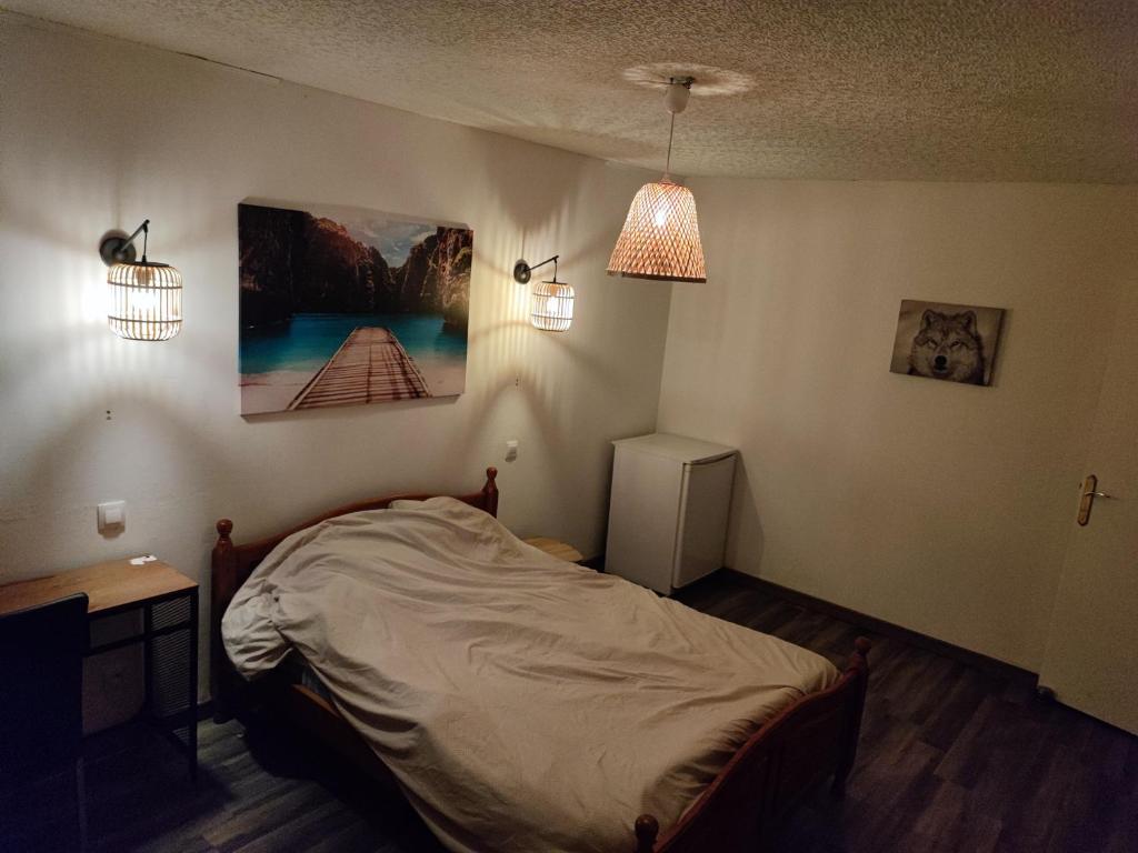 Lassigny的住宿－Grande Chambre Cosy avec Salle de Bain Privative，卧室配有一张床,墙上有两盏灯